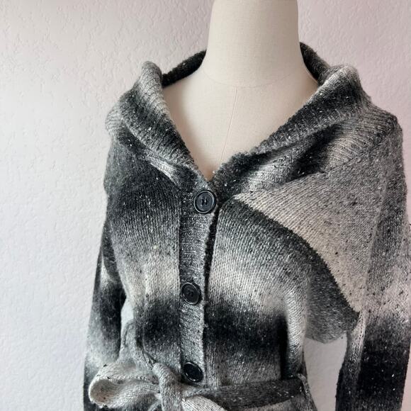 Vintage Y2K Wool Blend Button Up Cardigan Sweater Belted Black White Medium - Picture 12 of 15
